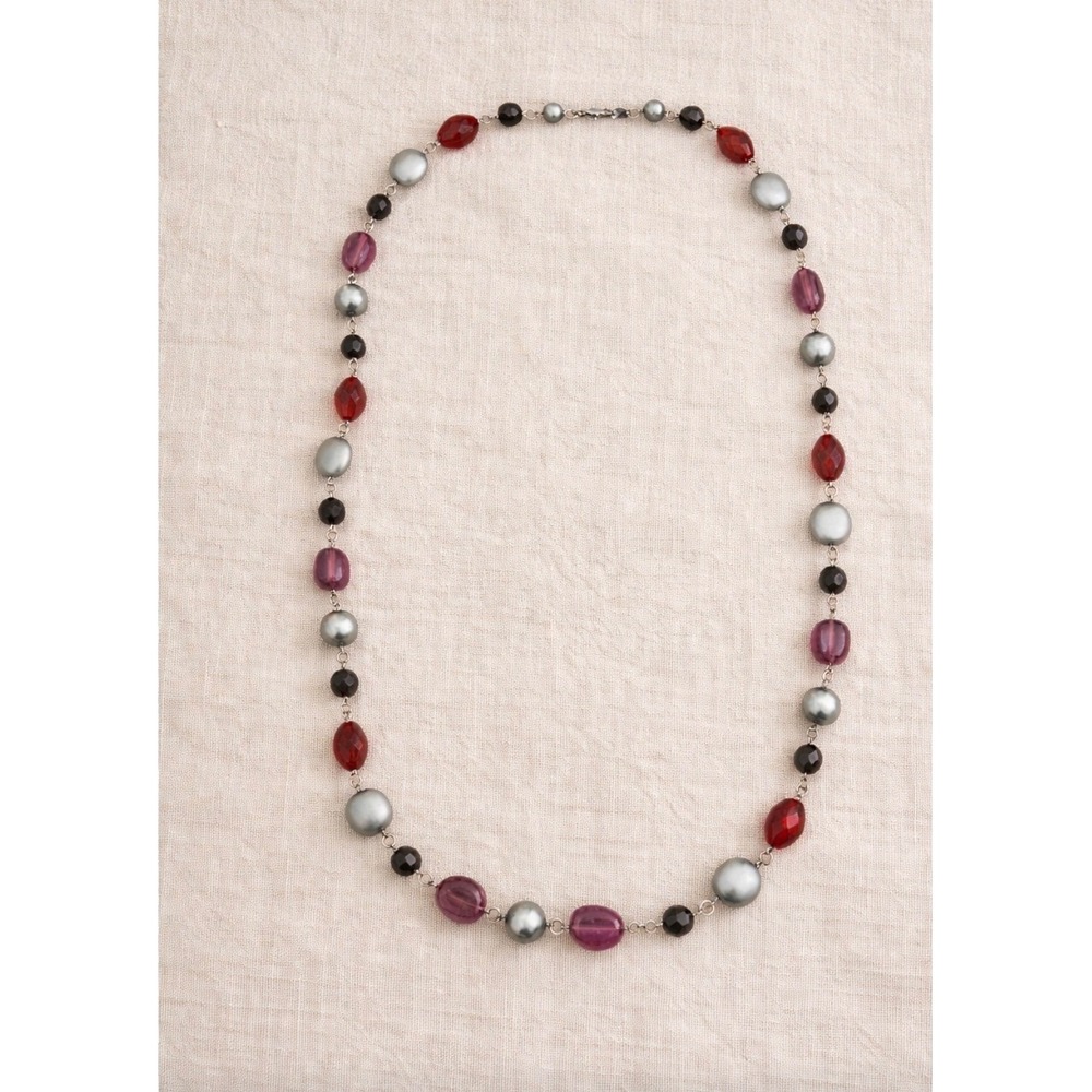 Vintage 90s BW Beaded Station Necklace Grey Faux Pearl Amethyst Red Glass Silver